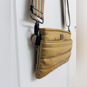 THINK ROYLN Quilted Crossbody Bag in Mustard Yellow with Striped Strap